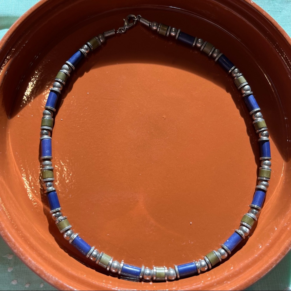 Blue, Gold, and Silver Beaded Necklace